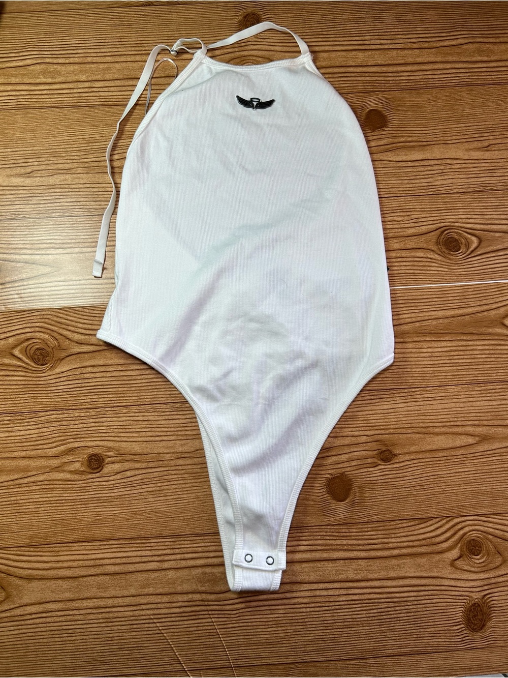 Women’s White Halter Neck Ribbed One-Piece Bodysuit Snap Crotch Logo Strap